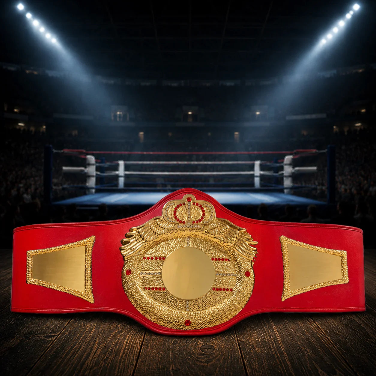 A red and gold championship belt