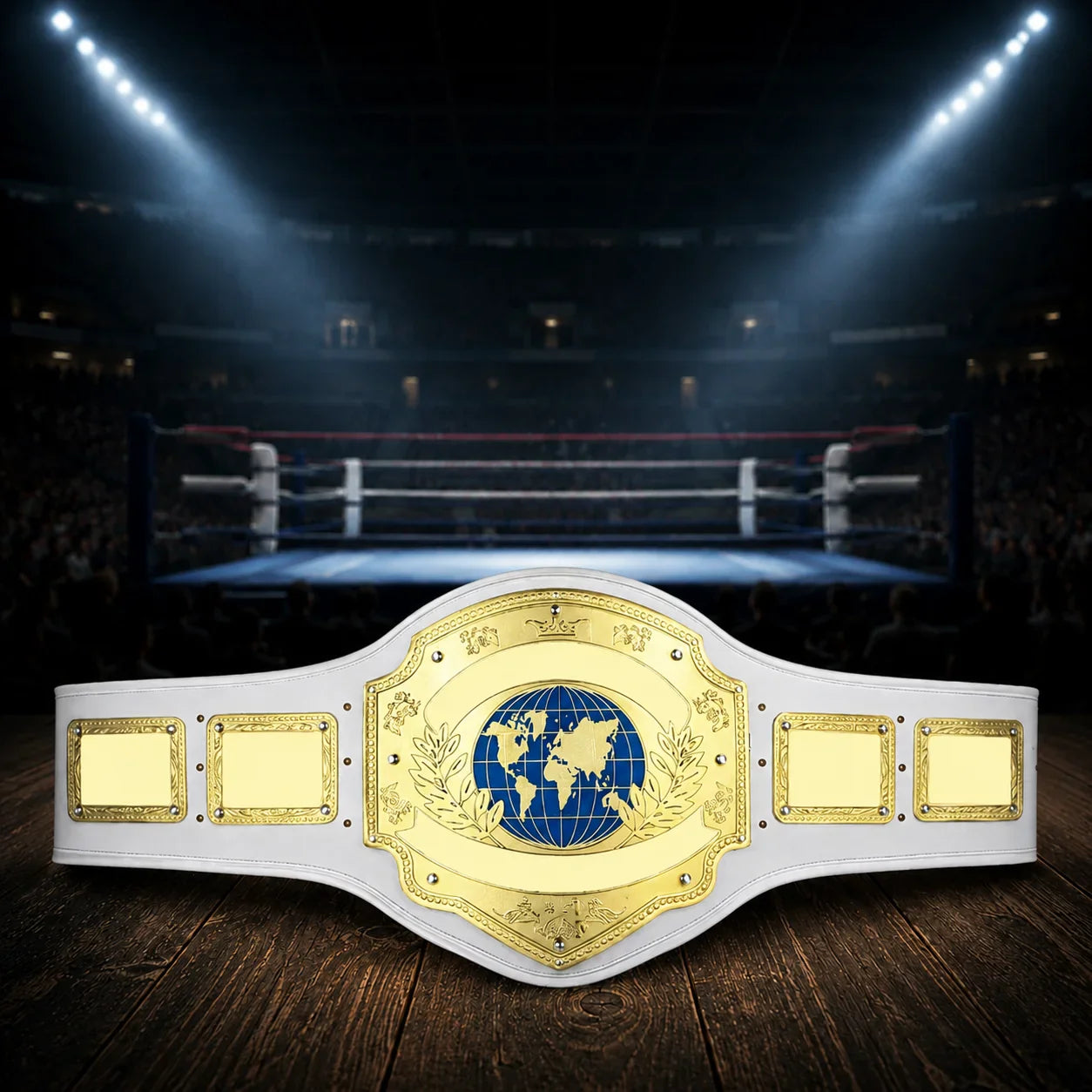 A white and gold championship belt 