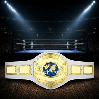 A white and gold championship belt 