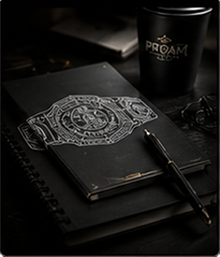 Black notebook with embossed design, pen, and coffee cup on a dark surface