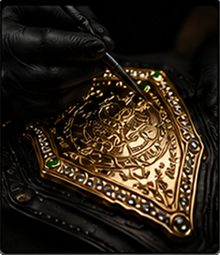 Gold pendant with intricate design and gemstones being worked on by a gloved hand.