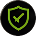 Black shield icon with a green check mark 