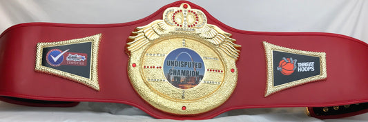 A red and gold championship belt 