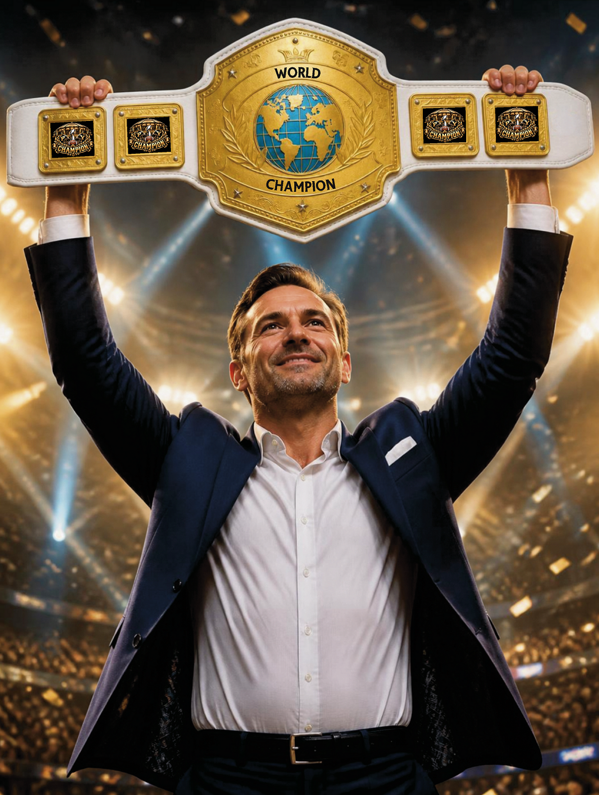 A man in a navy blazer and white dress shirt holds a large gold and white wrestling championship belt above his head in a brightly lit arena with a blurred crowd in the background.