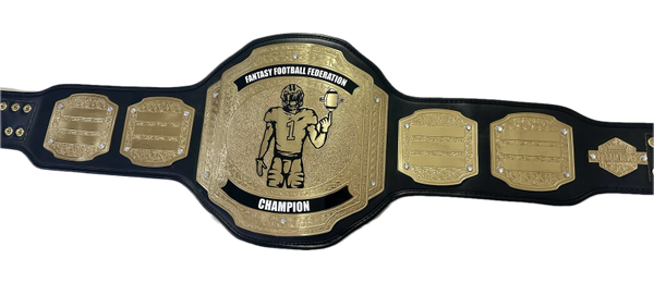 Fantasy football championship belt with a central emblem and gold accents