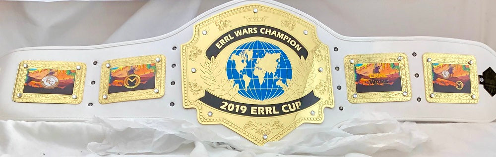 A white and gold 2019 ERRL Cup wrestling championship belt 