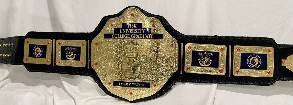 A custom black and gold replica Fisk University College Graduate championship belt 