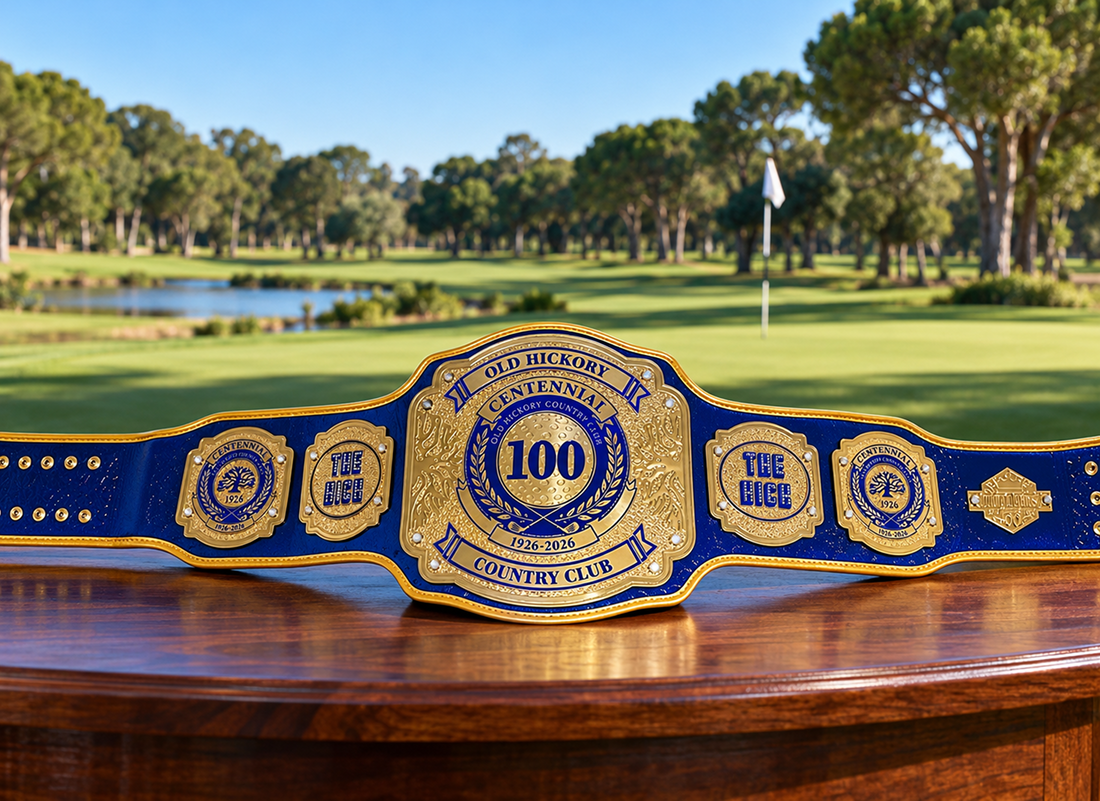 Golf club 100 award trophy title custom belt trophy