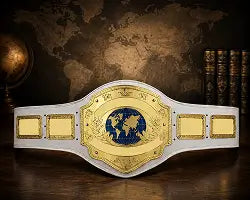 A white and gold championship belt 