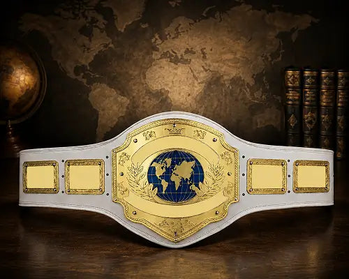 A white and gold championship belt 