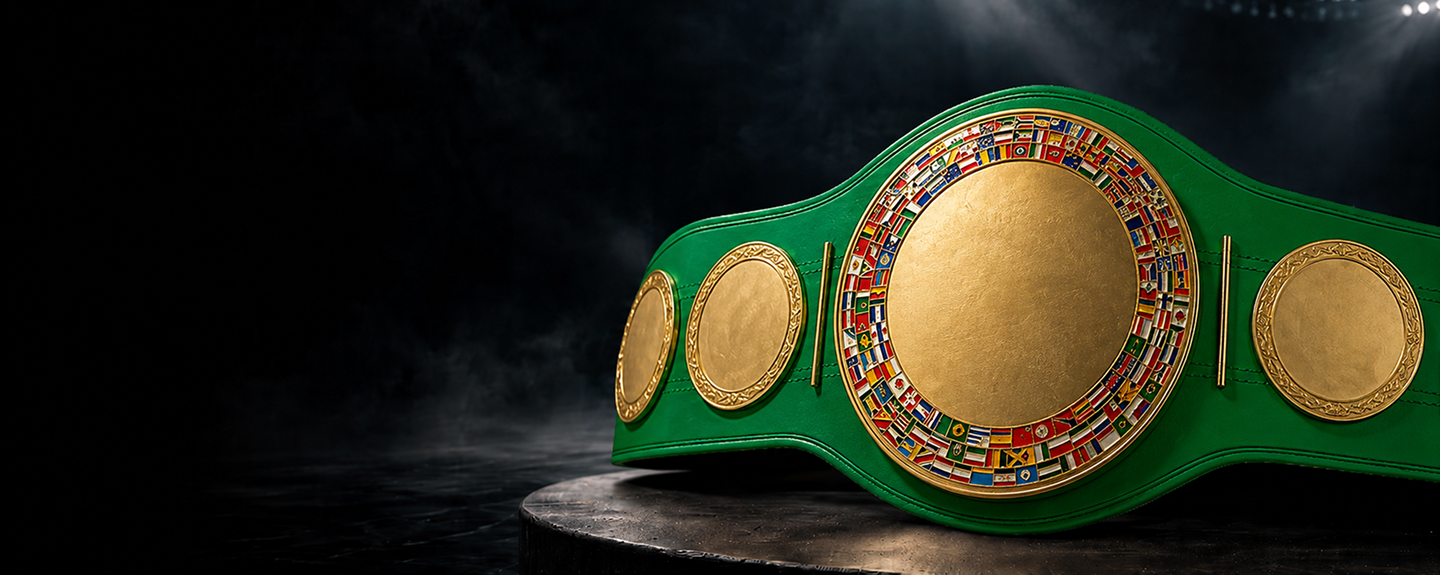 Green boxing belt with gold medallions and international flags