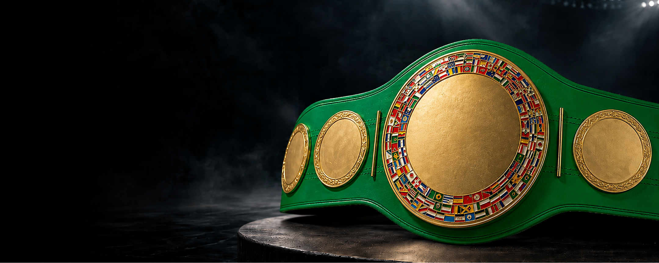 Green boxing belt with gold medallions and international flags 