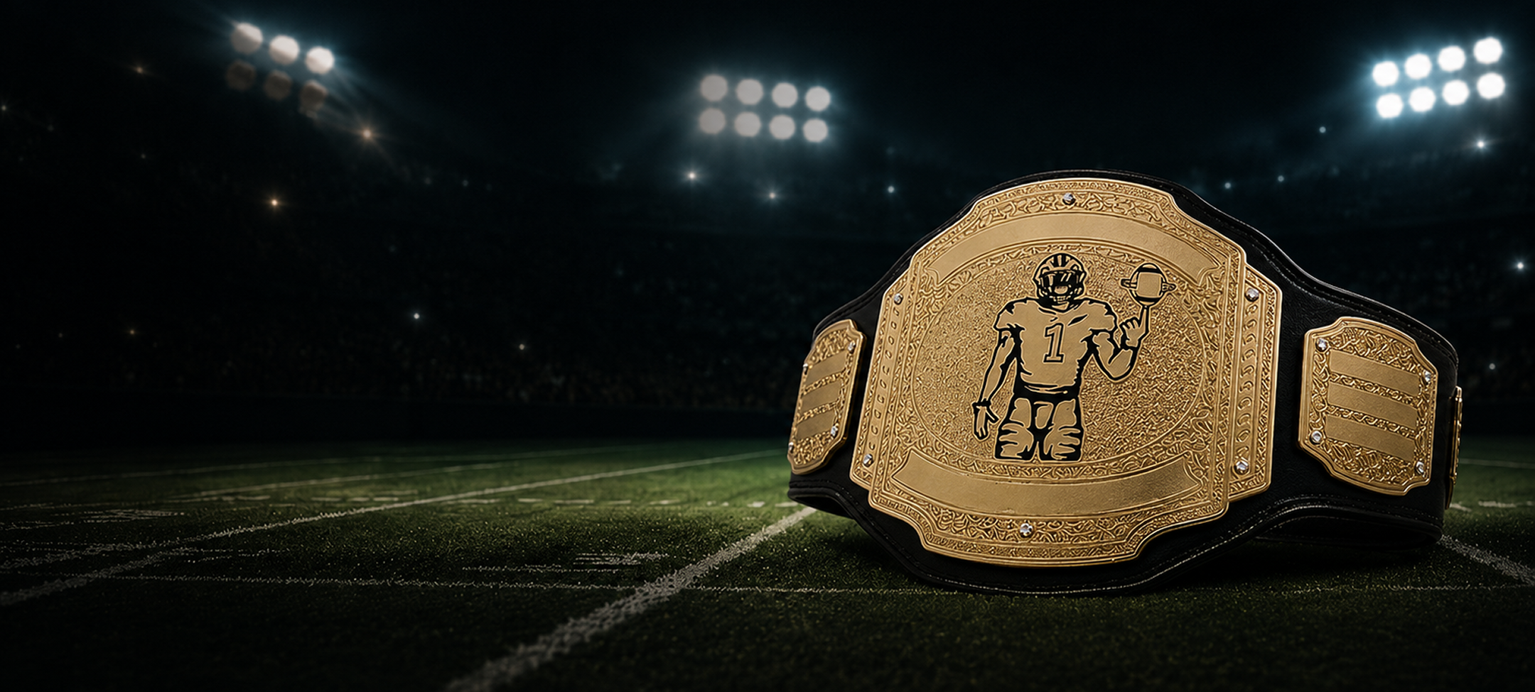 Wrestling championship belt on a sports field