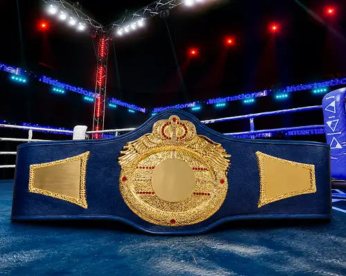 A championship belt with a large ornate gold central plate