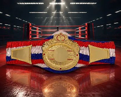 Gold championship belt with red, white, and blue stripes 