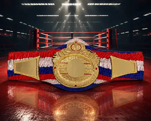 Gold championship belt with red, white, and blue stripes 