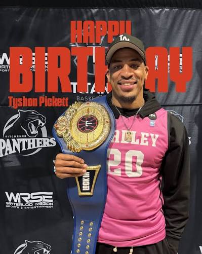 Tyshon Pickett holding a blue and gold boxing championship belt in front of a custom black and red birthday backdrop with 'TYSHON PICKETT BIRTHDAY' and Pantheres branding.