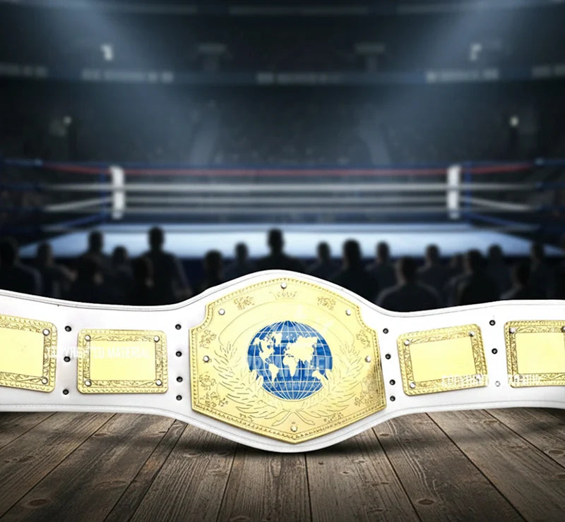 A white and gold championship belt 