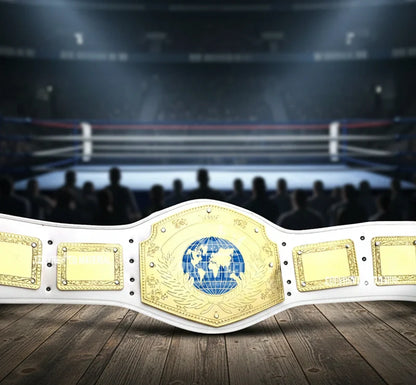 A white and gold championship belt 