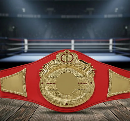 A red and gold championship belt