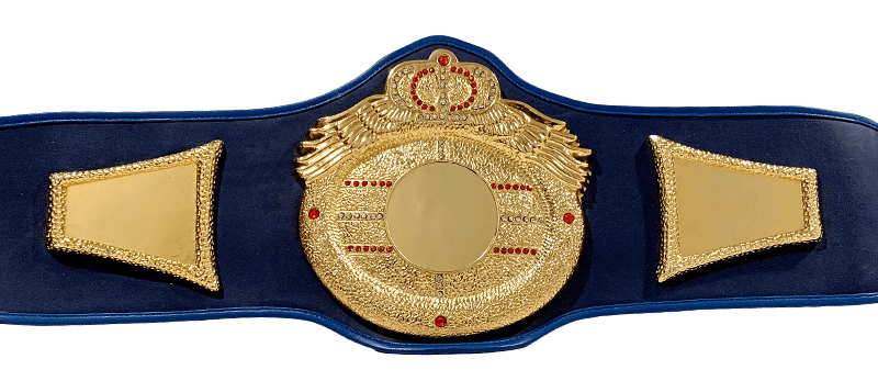 A championship belt with a large ornate gold central plate