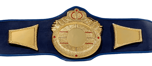 A championship belt with a large ornate gold central plate