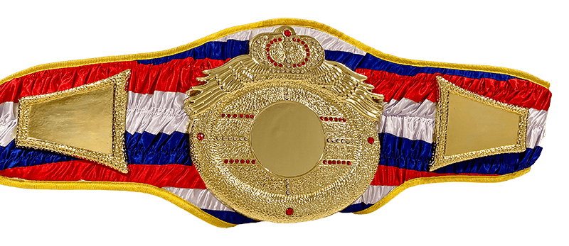 Gold championship belt with red, white, and blue stripes 